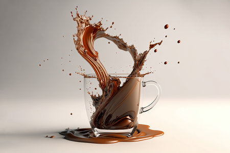 Coffee in cup with falling of splash and steam. Morning drinks with Generative AI.の素材