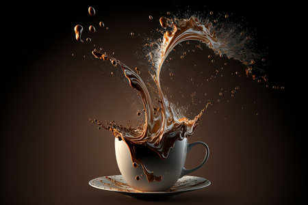 Coffee in cup with falling of splash and steam. Morning drinks with Generative AI.の素材