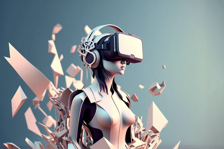 Cartoon character with VR headset glasses for futuristic playing Video games in high technology virtual world with Generative AI.の素材