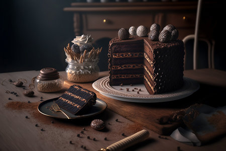 Delicious Chocolate cake brownie on plate. Bakery homemade Close up cake pieces with Generative AI.の素材