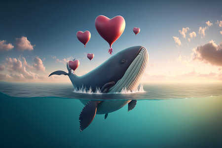Valentines background of Blue whale swimming in ocean with lovely heart shape flying in the air with Generative AI.の素材