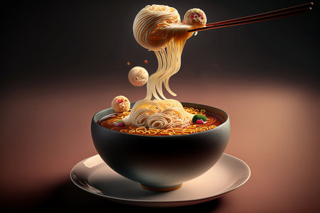 Close up Ramen noodles in a bowl that include of meat, pork ball, and Miso soup with Generative AI.の素材