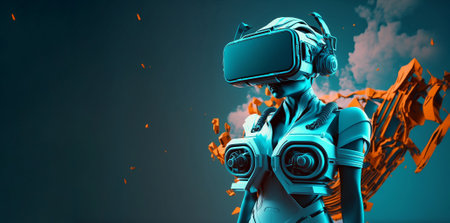 Cartoon character with VR headset glasses for futuristic playing Video games in high technology virtual world with Generative AI.の素材