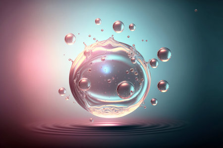 Cosmetic essence glittering  molecule bubble. Collagen, vitamin or serum drop for moisturizer. Liquid molecule chemical structure floating on water background with Generative AI.の素材