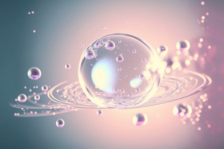 Cosmetic essence glittering  molecule bubble. Collagen, vitamin or serum drop for moisturizer. Liquid molecule chemical structure floating on water background with Generative AI.の素材