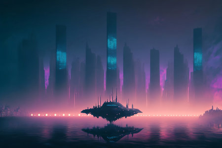 Night city Cyber punk landscape concept. Light glowing on dark scene. Night life. Technology network for 5g. Beyond generation and futuristic of Sci-Fi Capital city and building scene. Generative AI.の素材