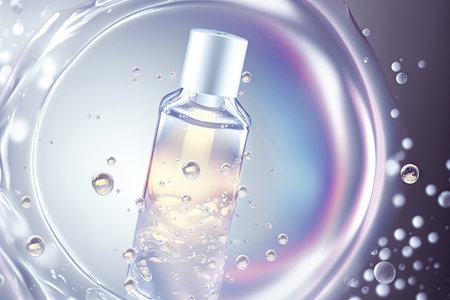 Cosmetic essence glittering  molecule bubble. Collagen, vitamin or serum drop for moisturizer. Liquid molecule chemical structure floating on water background with Generative AI.の素材