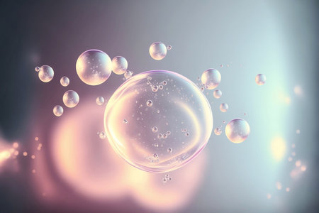 Cosmetic essence glittering  molecule bubble. Collagen, vitamin or serum drop for moisturizer. Liquid molecule chemical structure floating on water background with Generative AI.の素材