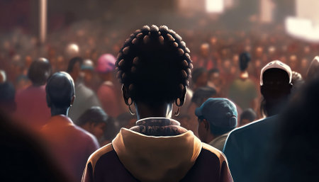 African woman from back view who standing in the middle crowd of people with Generative AI.の素材
