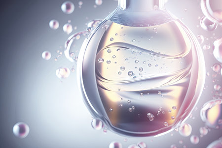 Cosmetic essence glittering  molecule bubble. Collagen, vitamin or serum drop for moisturizer. Liquid molecule chemical structure floating on water background with Generative AI.の素材