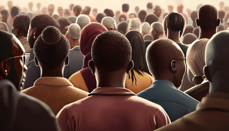 African man from back view who standing in the middle crowd of people with Generative AI.の素材