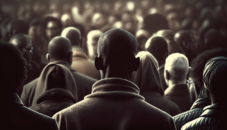 African man from back view who standing in the middle crowd of people with Generative AI.の素材