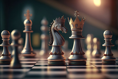 Close up chess competition game board, business chess figure, strategy, management movement,  success, strategic  planning with Generative AI.の素材