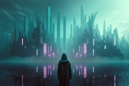 Night city Cyber punk landscape concept. Light glowing on dark scene. Night life. Technology network for 5g. Beyond generation and futuristic of Sci-Fi Capital city and building scene. Generative AI.の素材