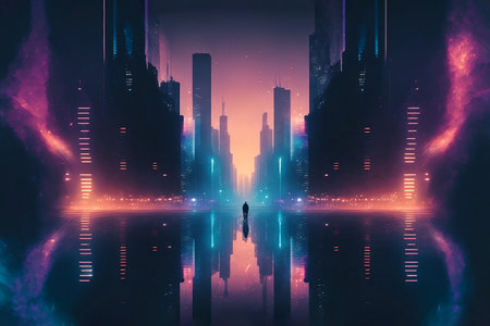 Night city Cyber punk landscape concept. Light glowing on dark scene. Night life. Technology network for 5g. Beyond generation and futuristic of Sci-Fi Capital city and building scene. Generative AI.の素材