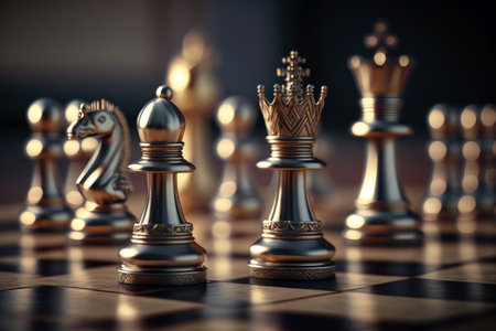 Close up chess competition game board, business chess figure, strategy, management movement,  success, strategic  planning with Generative AI.の素材