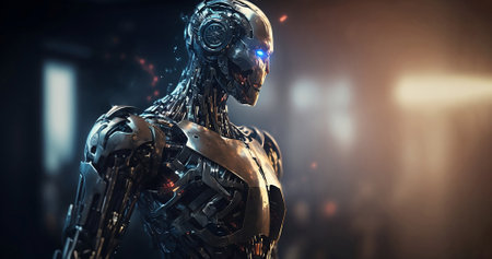Cyborg Artificial intelligence with luminous eyes and physical metal body. Robotic synthetic futuristic scifi. Generative AI.の素材