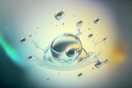 Cosmetic essence glittering  molecule bubble. Collagen, vitamin or serum drop for moisturizer. Liquid molecule chemical structure floating on water background with Generative AI.の素材