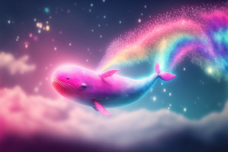 Blue whale swimming or flying in mystic sky ocean through colorful clouds galaxy in the world of fantasy with Generative AI.の素材