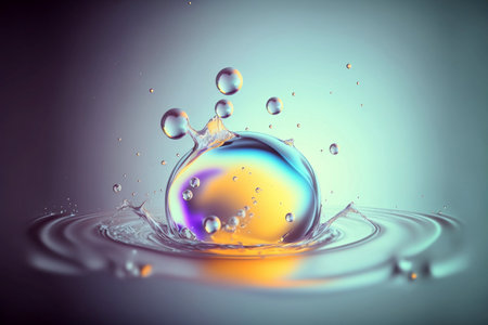 Cosmetic essence glittering  molecule bubble. Collagen, vitamin or serum drop for moisturizer. Liquid molecule chemical structure floating on water background with Generative AI.の素材