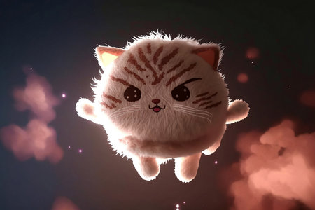 Cute baby fluffy cat flying in mystic sky through colorful clouds galaxy in the world of fantasy with Generative AI.の素材