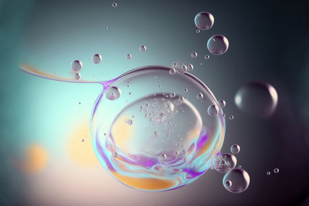 Cosmetic essence glittering  molecule bubble. Collagen, vitamin or serum drop for moisturizer. Liquid molecule chemical structure floating on water background with Generative AI.の素材