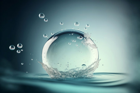 Cosmetic essence glittering  molecule bubble. Collagen, vitamin or serum drop for moisturizer. Liquid molecule chemical structure floating on water background with Generative AI.の素材