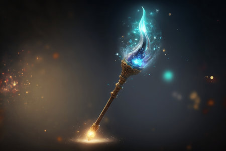 Abstract wizard or witch magic wand with colorful cast spell lighting effect glow with Generative AI.の素材
