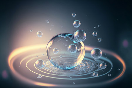 Cosmetic essence glittering  molecule bubble. Collagen, vitamin or serum drop for moisturizer. Liquid molecule chemical structure floating on water background with Generative AI.の素材