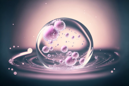 Cosmetic essence glittering  molecule bubble. Collagen, vitamin or serum drop for moisturizer. Liquid molecule chemical structure floating on water background with Generative AI.の素材