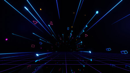 3d technology abstract neon light background, empty space scene, spotlight, dark night, virtual reality, cyber futuristic sci-fi background, street floor studio for mock up. colored geometric.の写真素材