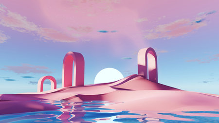 3d render Surreal pastel landscape background with geometric shapes, abstract fantastic desert dune in seasoning landscape with arches, panoramic, futuristic scene with copy space, blue sky and cloudyの写真素材