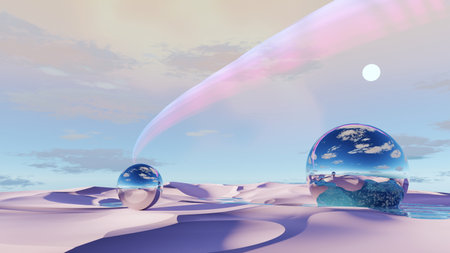 3d render Surreal pastel landscape background with geometric shapes, abstract fantastic desert dune in seasoning landscape with arches, panoramic, futuristic scene with copy space, blue sky and cloudyの写真素材