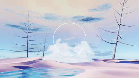 3d render Surreal pastel landscape background with geometric shapes, abstract fantastic desert dune in seasoning landscape with arches, panoramic, futuristic scene with copy space, blue sky and cloudyの写真素材