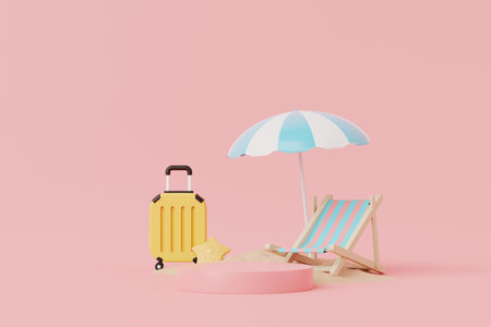 Summer vacation beach abstract background concept, Minimal Realistic Display Podium for Product mock-up or Cosmetics with summer pink theme, beach umbrella, chairs, inflatable ring. 3d renderingの写真素材