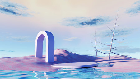 3d render Surreal pastel landscape background with geometric shapes, abstract fantastic desert dune in seasoning landscape with arches, panoramic, futuristic scene with copy space, blue sky and cloudyの写真素材