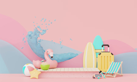 Summer vacation beach abstract background concept, Minimal Realistic Display Podium for Product mock-up or Cosmetics with summer pink theme, beach umbrella, chairs, inflatable ring. 3d renderingの写真素材