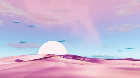 3d render Surreal pastel landscape background with geometric shapes, abstract fantastic desert dune in seasoning landscape with arches, panoramic, futuristic scene with copy space, blue sky and cloudyの写真素材