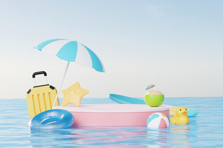 Summer vacation abstract product display, Minimal Realistic Display Podium in the blue ocean sea background concept, Cosmetics with tropical summer island, umbrella, inflatable ring. 3d renderingの写真素材