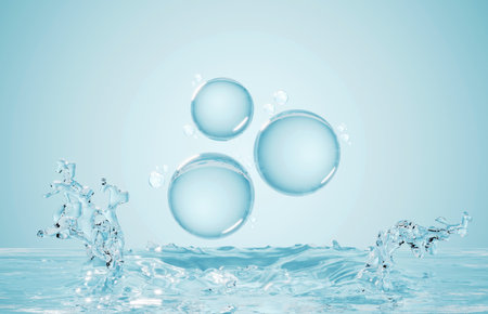 Cosmetics Essence molecule, collagen, Vitamin or Serum drop water for moisturizer. Liquid molecule chemical structure on water background. Cosmetics power treatment. Natural product. 3d rendering.の写真素材