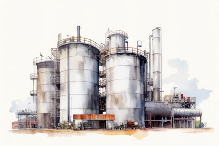Watercolor drawing paint of industry zone, refinery power plant energy station for stored, petrochemical industrial, factory food processing plant isolated on white background, with Generative AI.の素材