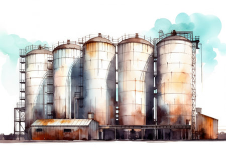 Watercolor drawing paint of industry zone, refinery power plant energy station for stored, petrochemical industrial, factory food processing plant isolated on white background, with Generative AI.の素材