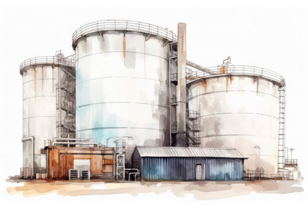 Watercolor drawing paint of industry zone, refinery power plant energy station for stored, petrochemical industrial, factory food processing plant isolated on white background, with Generative AI.の素材