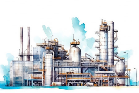 Watercolor drawing paint of industry zone, refinery power plant energy station for stored, petrochemical industrial, factory food processing plant isolated on white background, with Generative AI.の素材