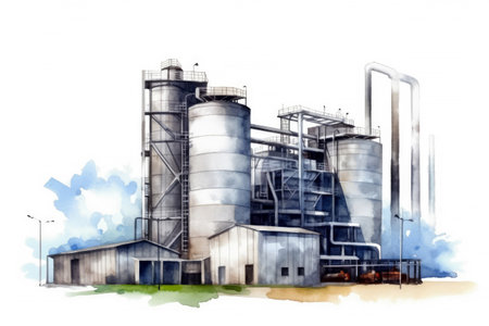 Watercolor drawing paint of industry zone, refinery power plant energy station for stored, petrochemical industrial, factory food processing plant isolated on white background, with Generative AI.の素材
