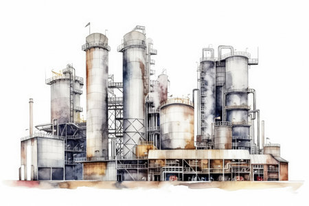 Watercolor drawing paint of industry zone, refinery power plant energy station for stored, petrochemical industrial, factory food processing plant isolated on white background, with Generative AI.の素材
