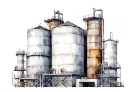 Watercolor drawing paint of industry zone, refinery power plant energy station for stored, petrochemical industrial, factory food processing plant isolated on white background, with Generative AI.の素材