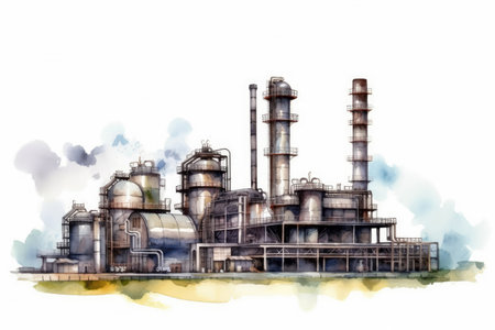 Watercolor drawing paint of industry zone, refinery power plant energy station for stored, petrochemical industrial, factory food processing plant isolated on white background, with Generative AI.の素材