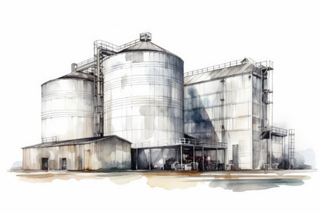 Watercolor drawing paint of industry zone, refinery power plant energy station for stored, petrochemical industrial, factory food processing plant isolated on white background, with Generative AI.の素材