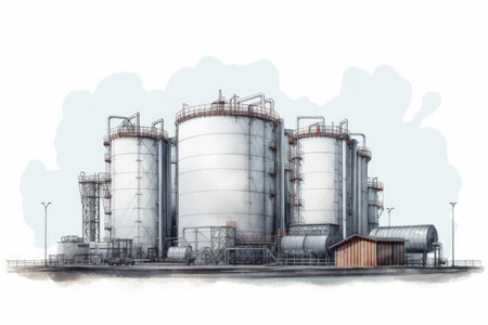 Watercolor drawing paint of industry zone, refinery power plant energy station for stored, petrochemical industrial, factory food processing plant isolated on white background, with Generative AI.の素材